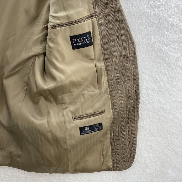 Club Room Blazer 42R Cashmere Blend Herringbone Beige Plaid 2 Button Sport Coat - Picture 7 of 16